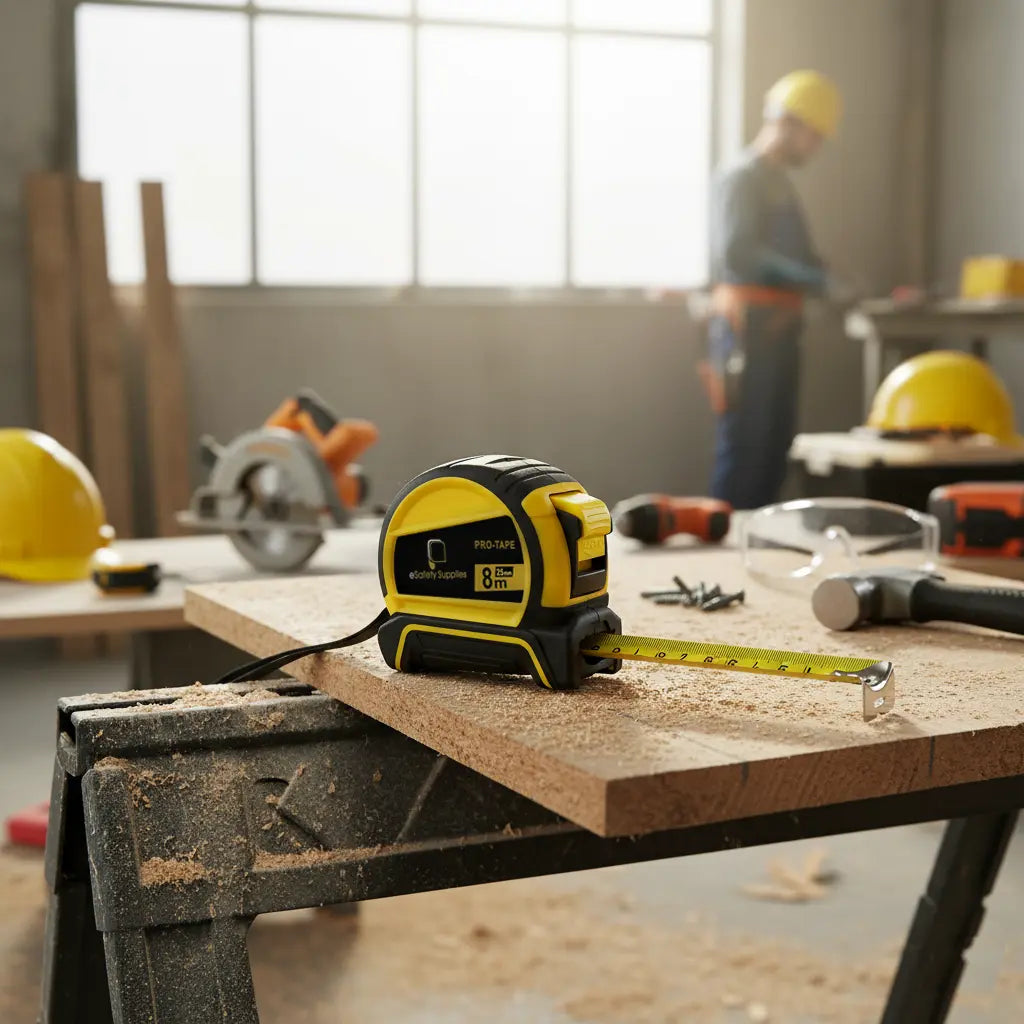 8-metre retractable steel tape measure with easy-to-read metric markings and durable locking mechanism for onsite renovations.