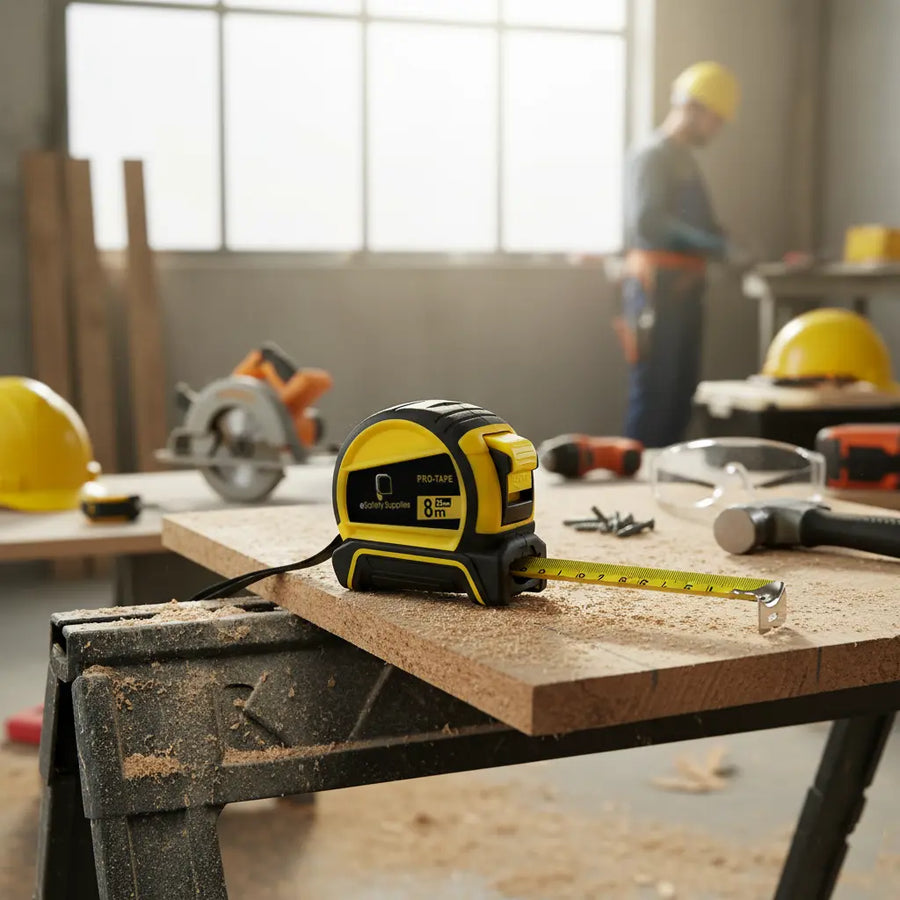 8-metre retractable steel tape measure with easy-to-read metric markings and durable locking mechanism for onsite renovations.