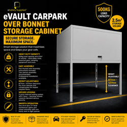 Heavy-duty powdercoated steel over bonnet storage cabinet with height-adjustable legs, gas strut door, and 3-point lock, mounted above a vehicle in a carpark space.