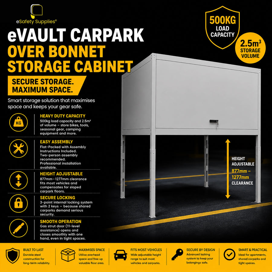 Heavy-duty powdercoated steel over bonnet storage cabinet with height-adjustable legs, gas strut door, and 3-point lock, mounted above a vehicle in a carpark space.