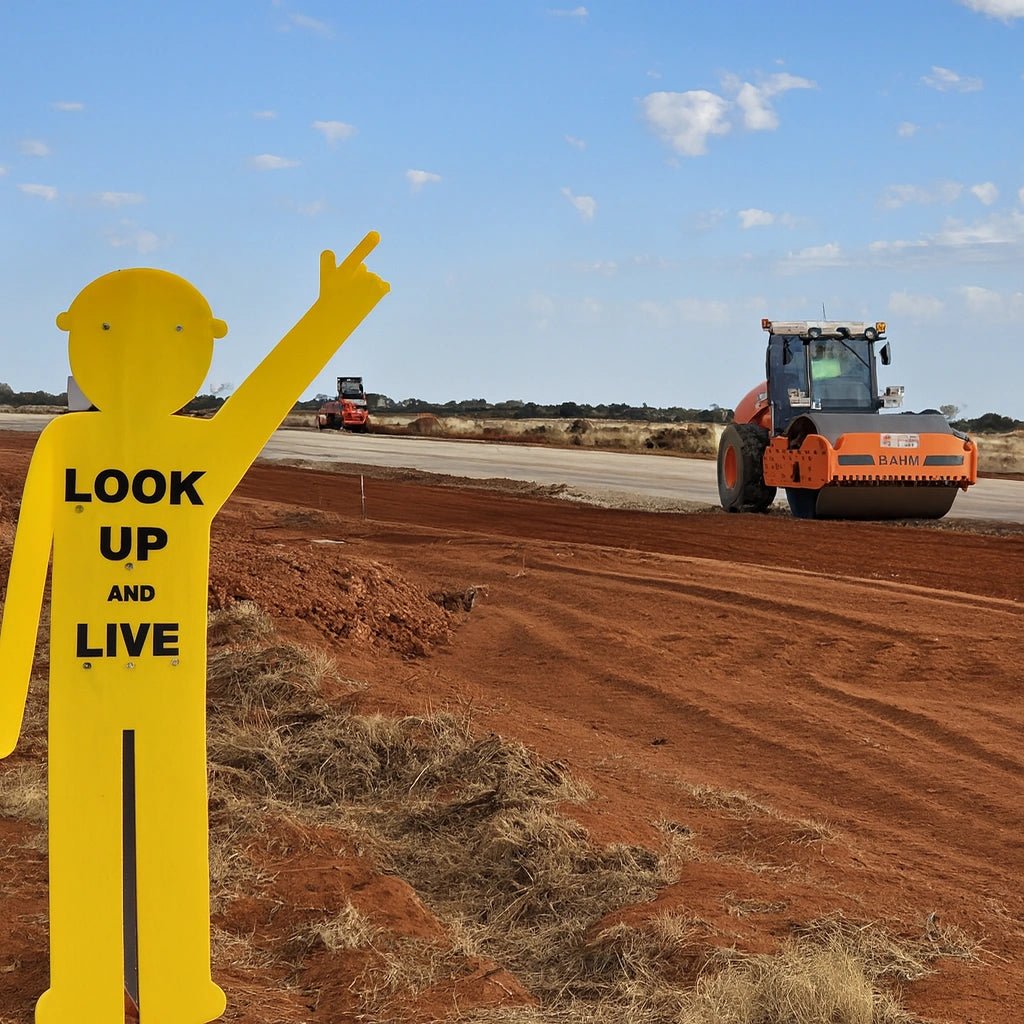 look up and live yellow man sign 