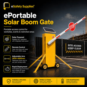 ePortable Solar Boom Gate by eSafety Supplies, a yellow solar-powered site access barrier with a telescopic boom arm and red-and-white stop sign, shown on a dark promotional background with feature icons and text.