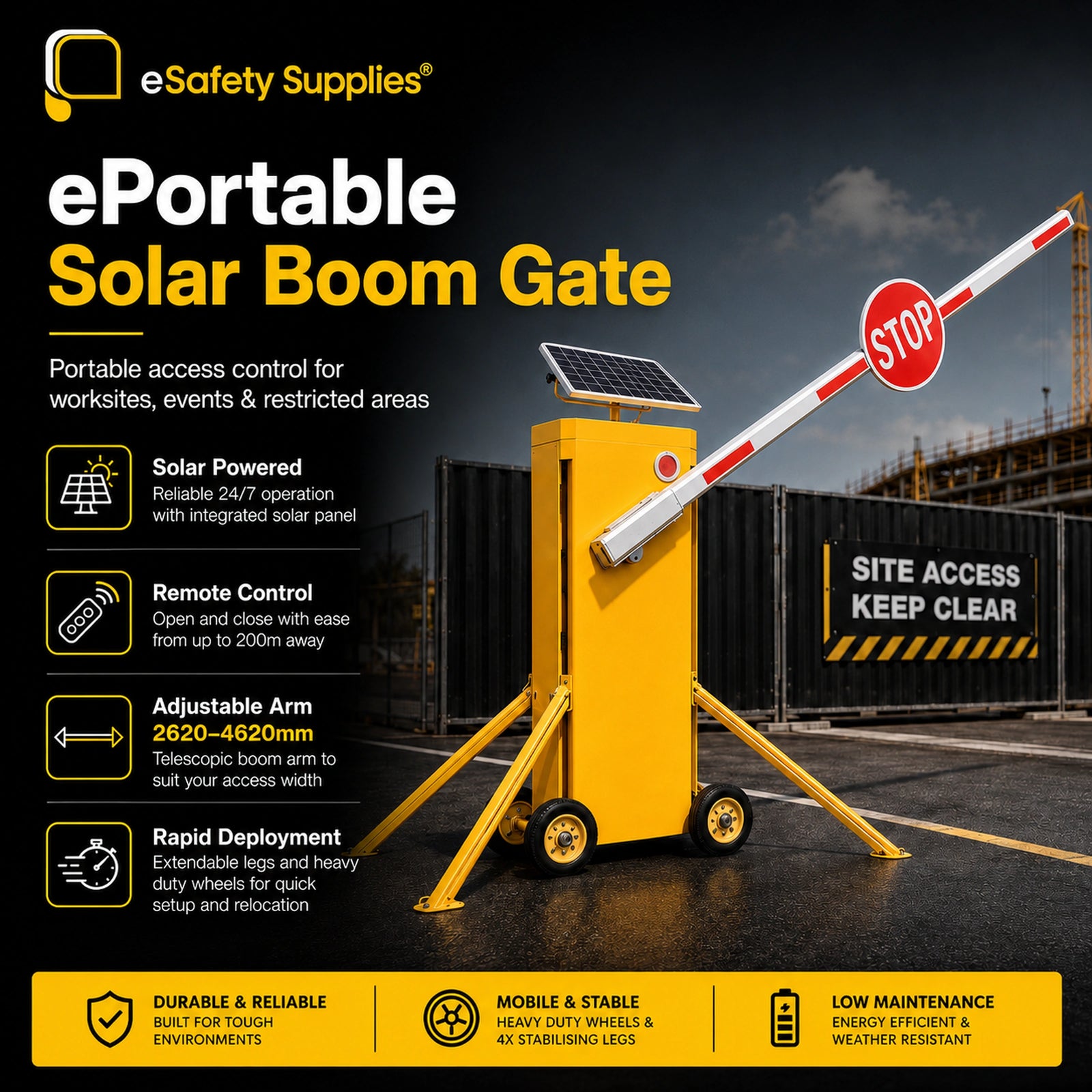 ePortable Solar Boom Gate by eSafety Supplies, a yellow solar-powered site access barrier with a telescopic boom arm and red-and-white stop sign, shown on a dark promotional background with feature icons and text.