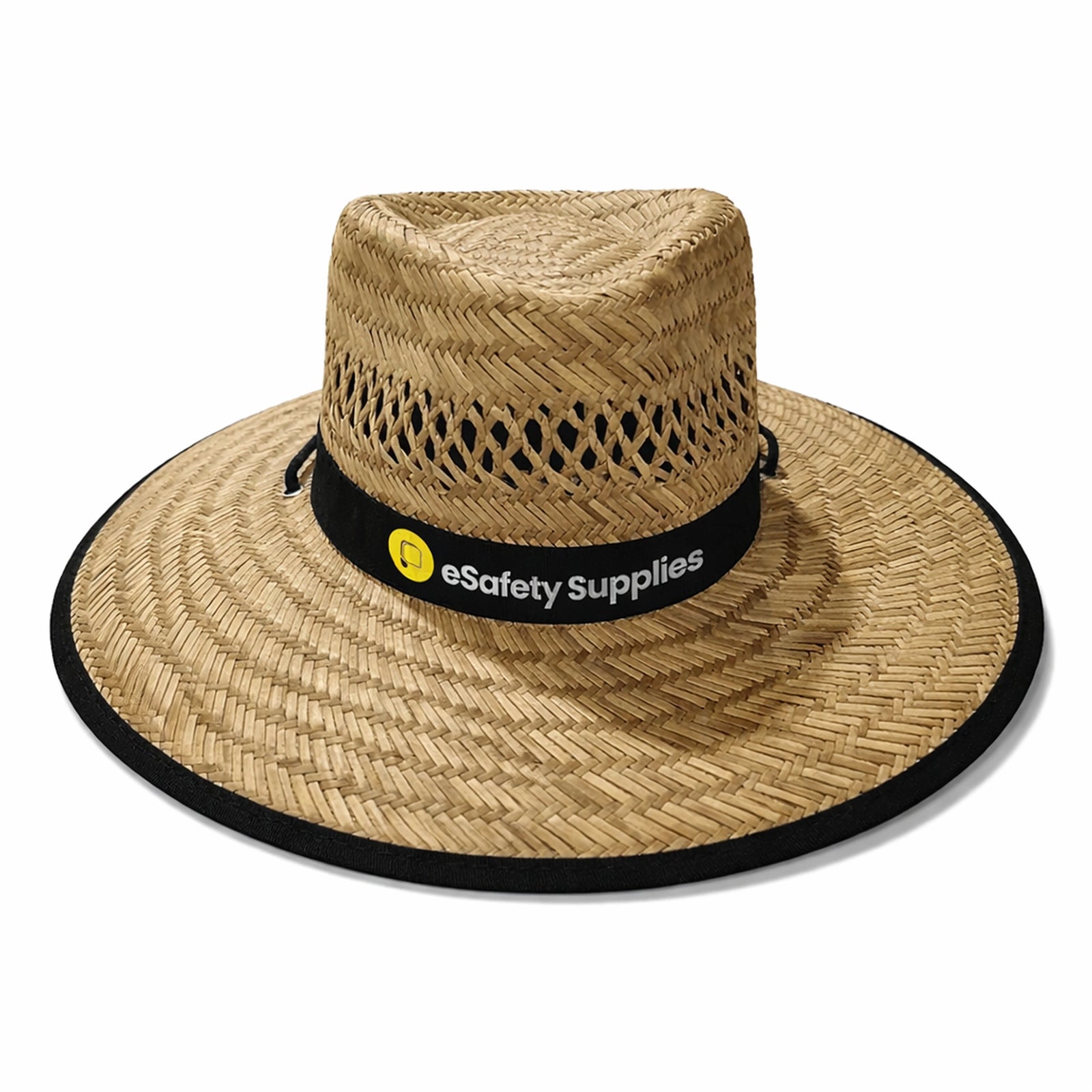 eSafety large wide brim straw hat with open weave crown and adjustable chin strap for outdoor workers
