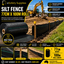 Silt fence roll with construction equipment and text highlighting features and benefits.