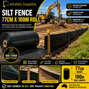Silt fence roll with construction equipment and text highlighting features and benefits.
