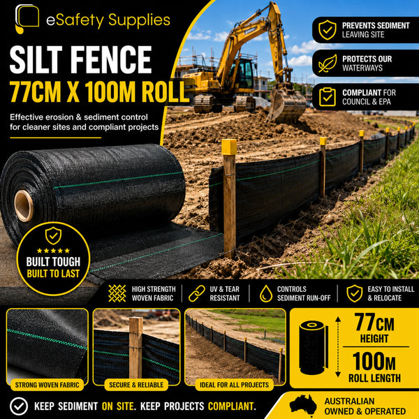 Silt fence roll with construction equipment and text highlighting features and benefits.