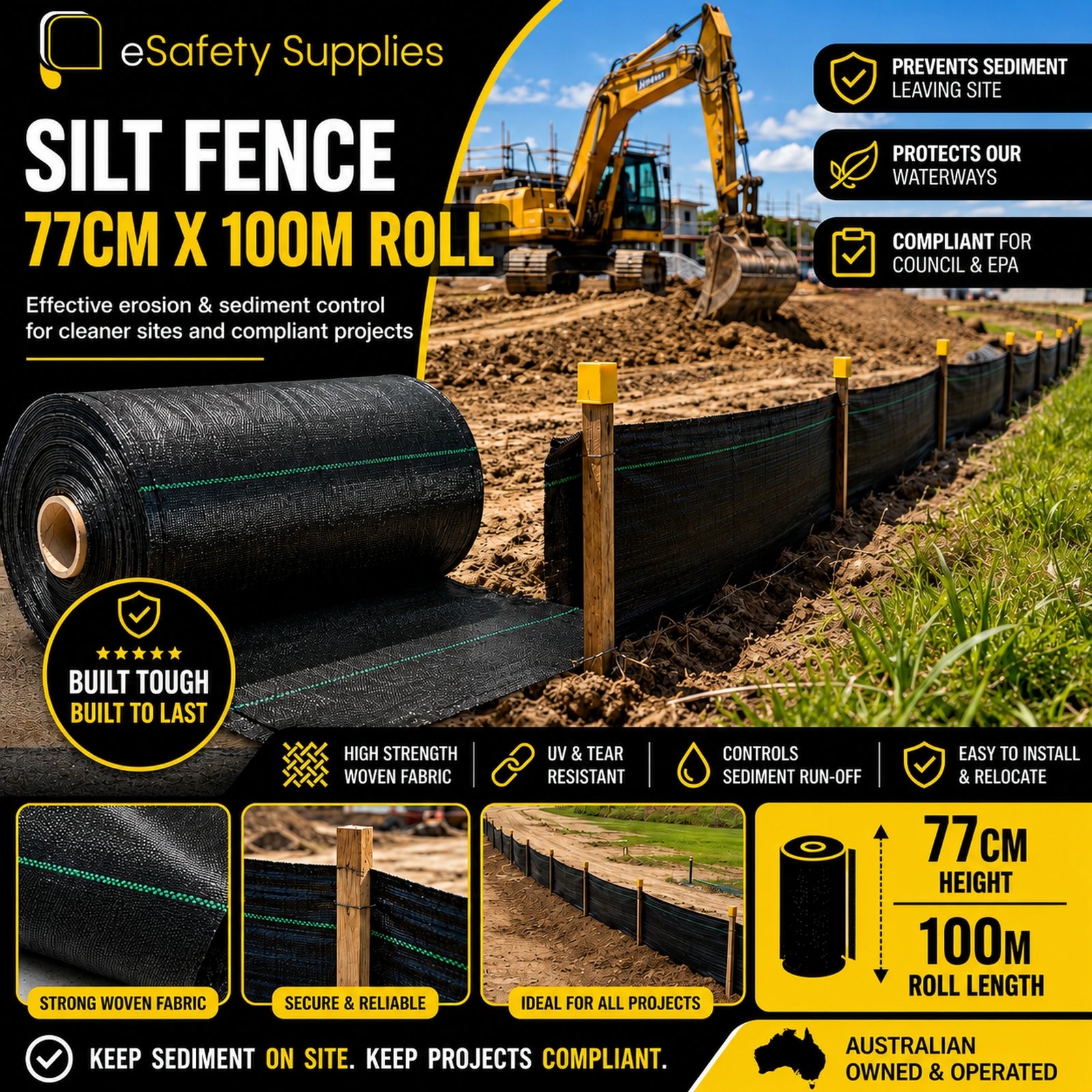 Silt fence roll with construction equipment and text highlighting features and benefits.