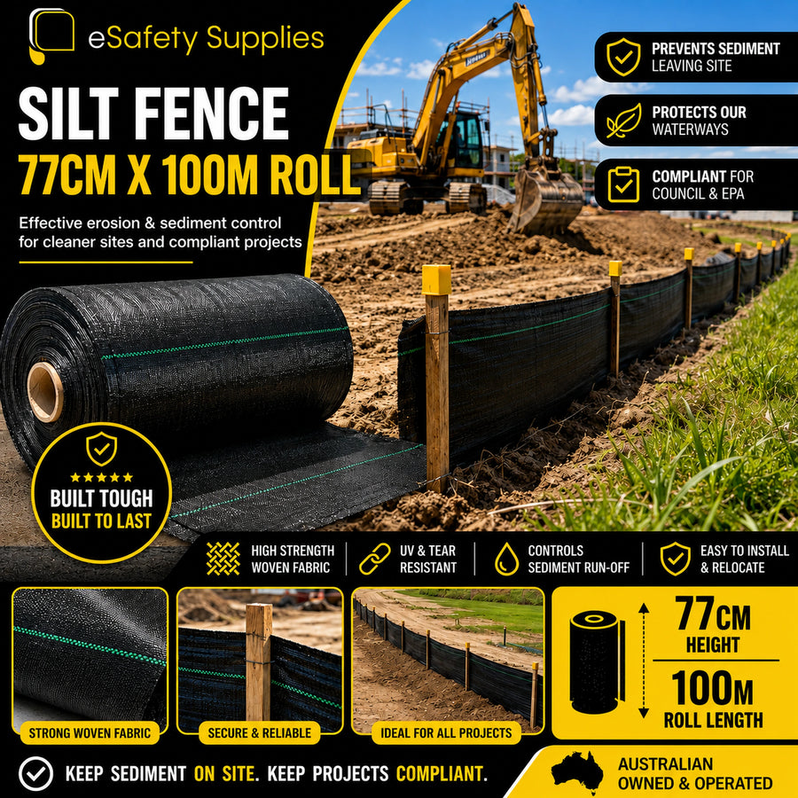 Silt fence roll with construction equipment and text highlighting features and benefits.