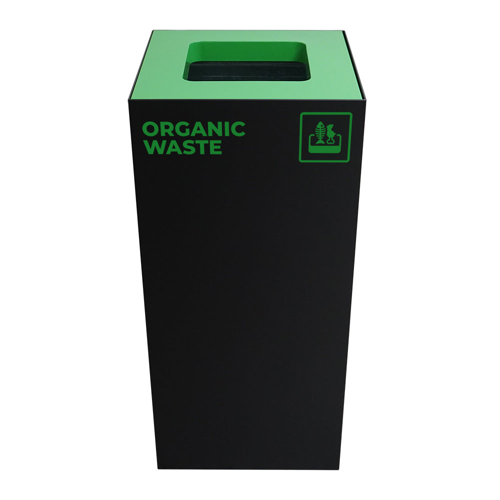Waste Recycling Station Bin with Green Lid, 52L Matte Black Galvanised Steel Organic and Food Waste Bin for Offices and Cafes.
