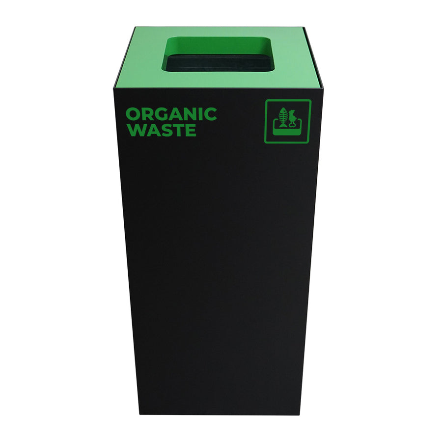 Waste Recycling Station Bin with Green Lid, 52L Matte Black Galvanised Steel Organic and Food Waste Bin for Offices and Cafes.