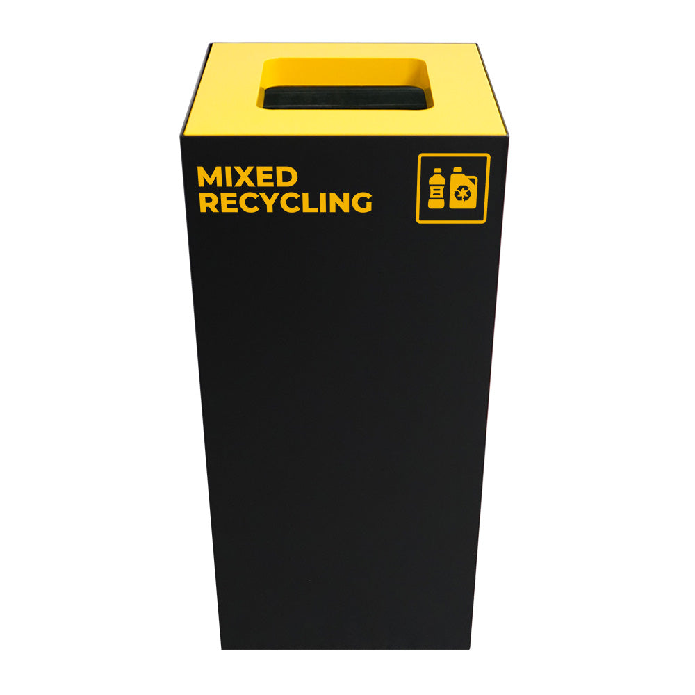 52 Litre Mixed Recycling Bin featuring a removable galvanised steel internal liner and Australian standard yellow colour-coded open top lid.