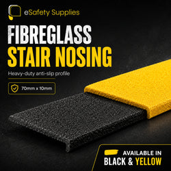 Fiberglass stair nosing with black and yellow colors on a dark background, featuring eSafety Supplies branding.