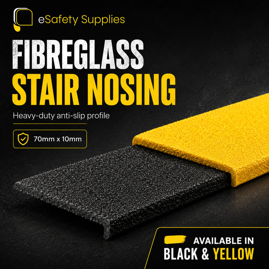 Fiberglass stair nosing with black and yellow colors on a dark background, featuring eSafety Supplies branding.