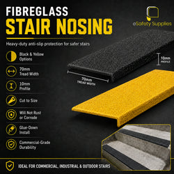 Fiberglass stair nosing with black and yellow options, shown on a dark background.