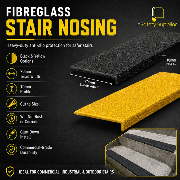 Fiberglass stair nosing with black and yellow options, shown on a dark background.