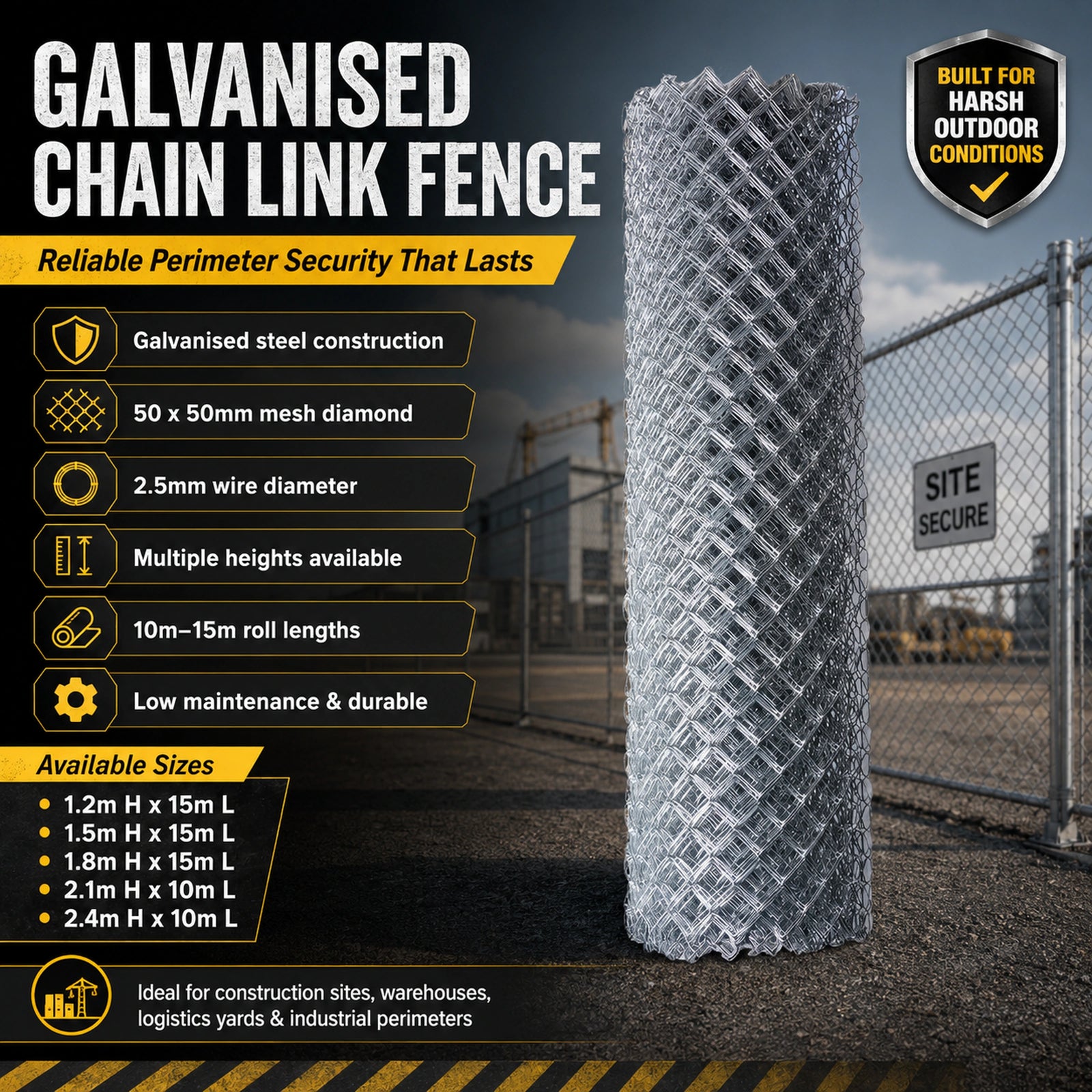 Galvanised Chain Link Fence - Multiple Sizes