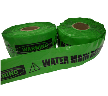 Mains Marker Tape, Buried Water Main Below - 150mm x 500m (GREEN)