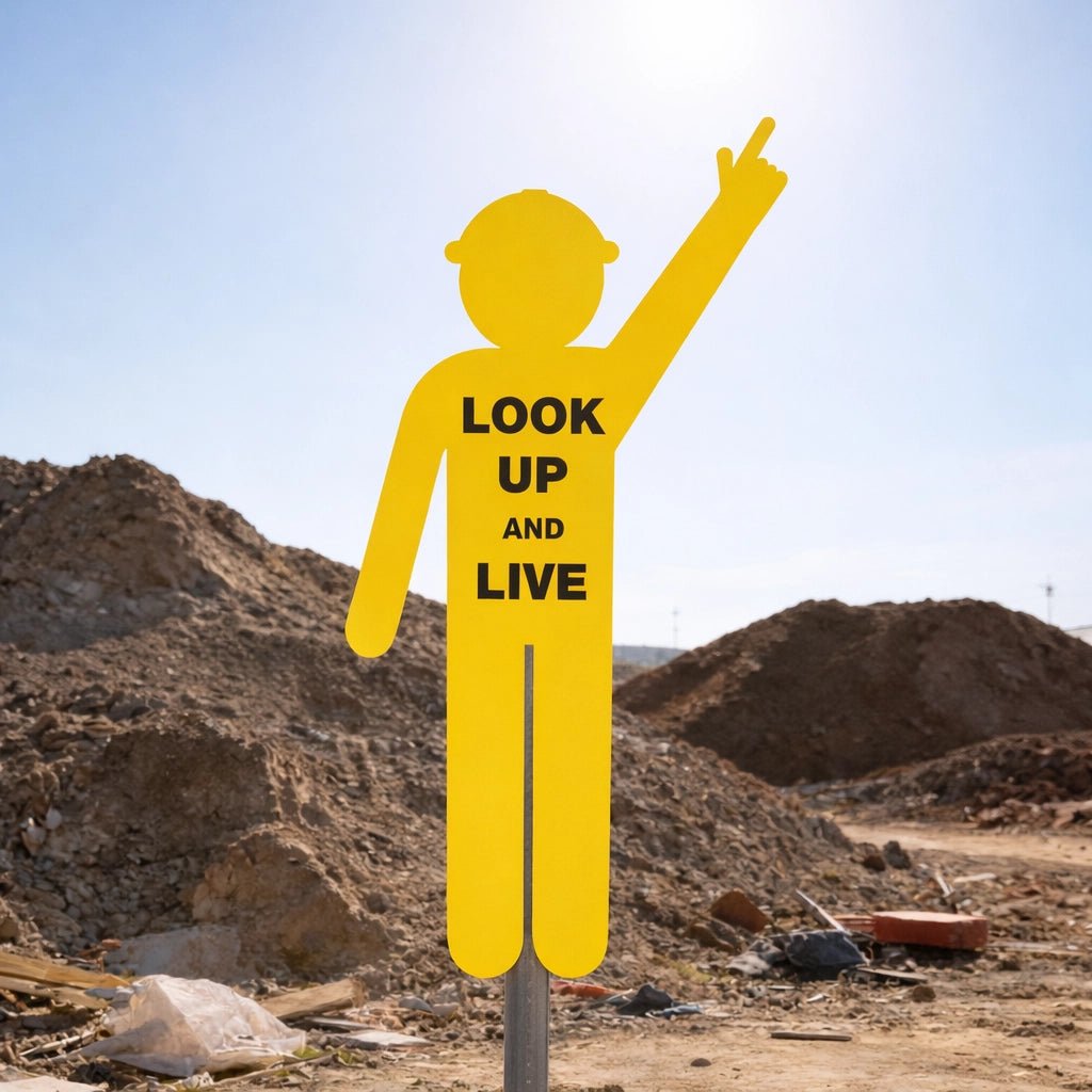 look up and live yellow man sign