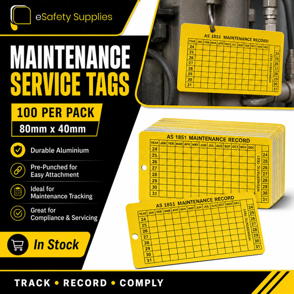 Maintenance service tags with eSafety Supplies branding on a black and yellow background.