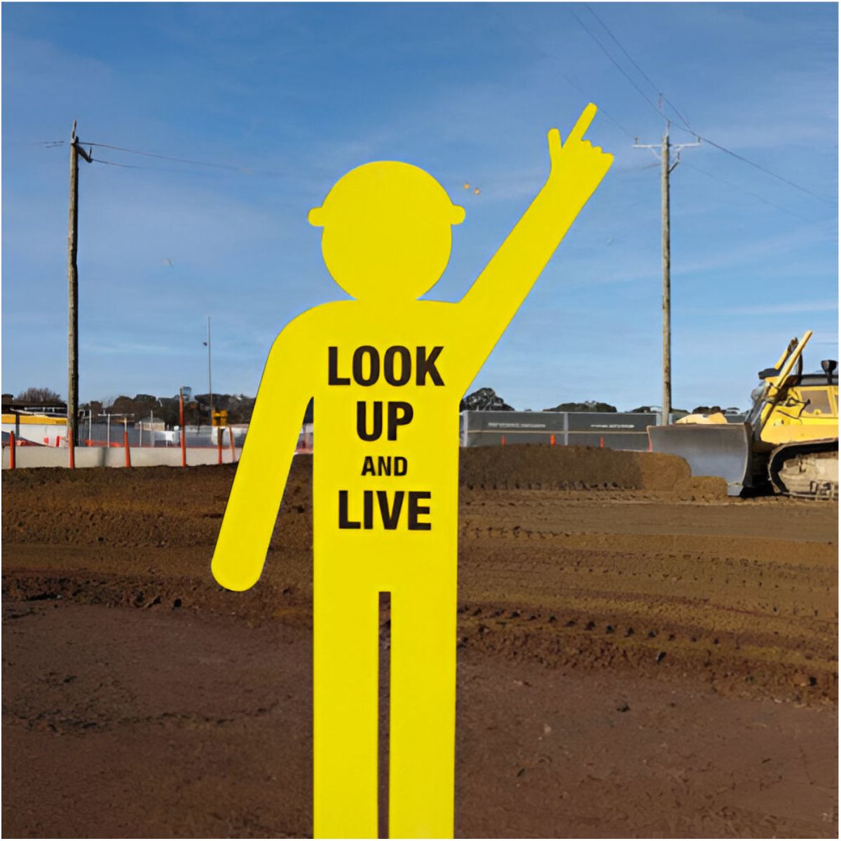 look up and live yellow man sign