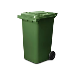80 Litre mobile waste bin featuring a reinforced axle and large wheels for easy movement on driveways and construction sites.