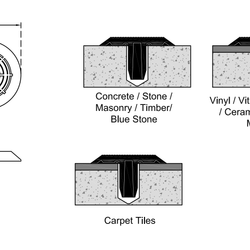 Technical drawing of a tactile installation instructions for different flooring types.