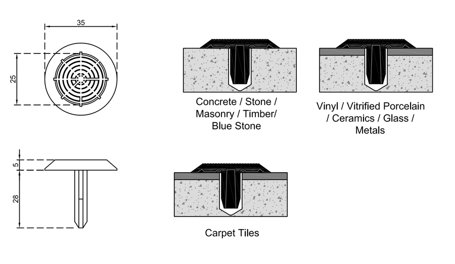 Technical drawing of a tactile installation instructions for different flooring types.