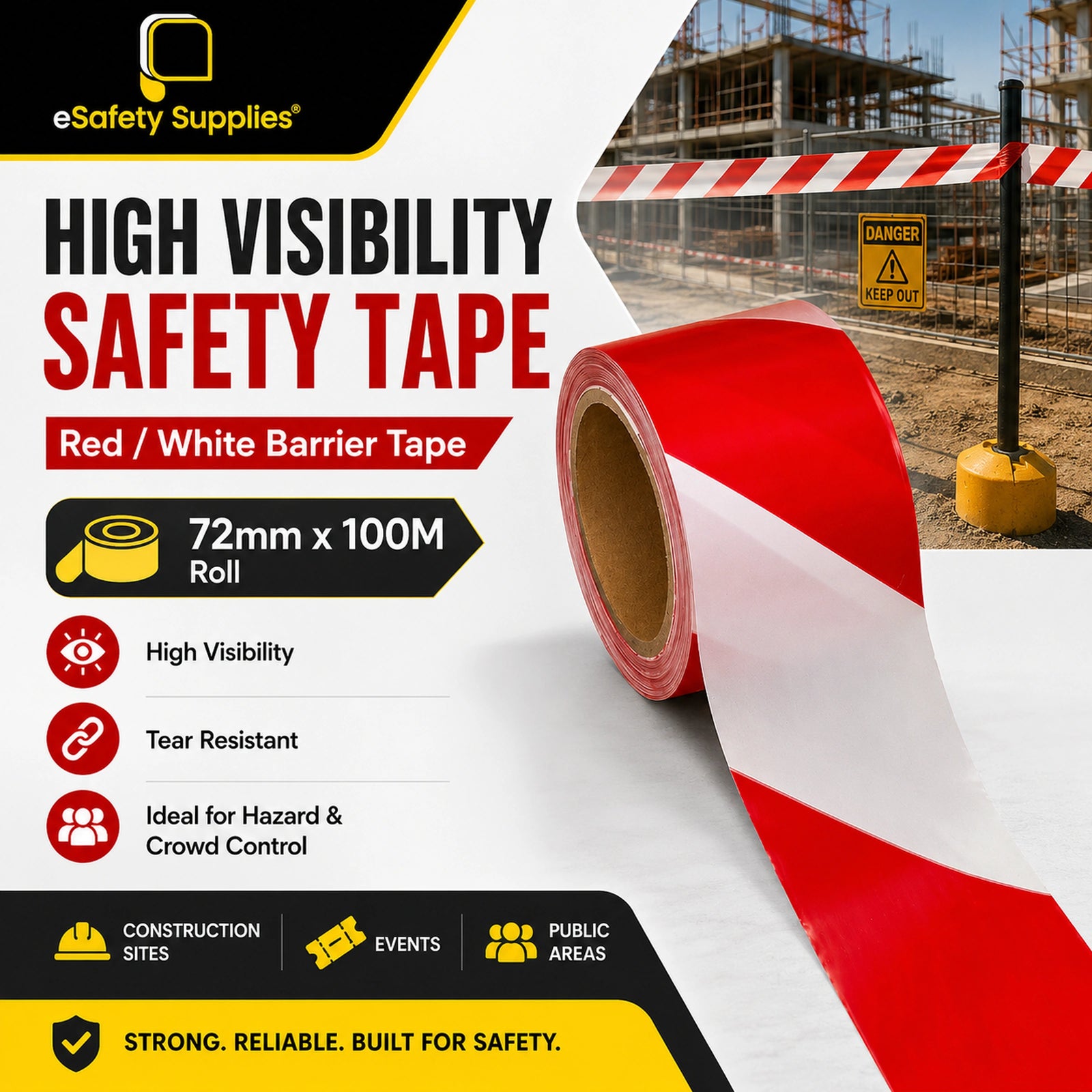 Barricade Tape - Red/White 72mm x 100m Roll (Non-Adhesive)