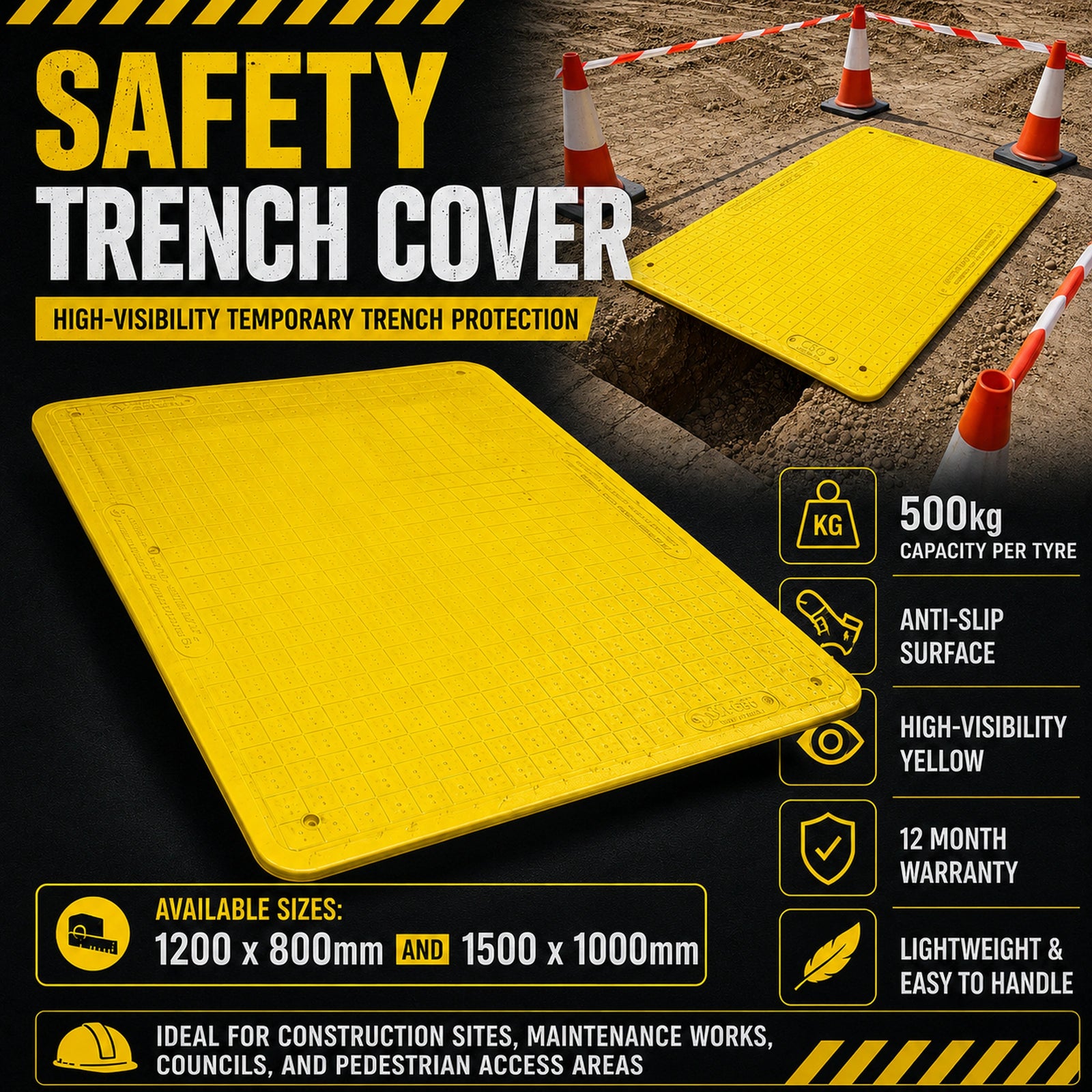 Yellow Safety Trench Cover - 500kg Capacity - Safety Matting