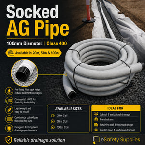 Drainage Ag Pipe with Filter Sock - 100mm x Multiple Sizes - Class 400 - Ag Pipe & Fittings
