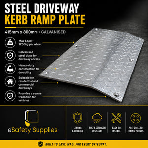 A galvanized steel driveway kerb ramp plate shown at an angle on a dark promotional background with text callouts and feature icons. The product is a diamond-plate metal ramp plate, and the image includes branding for eSafety Supplies.
