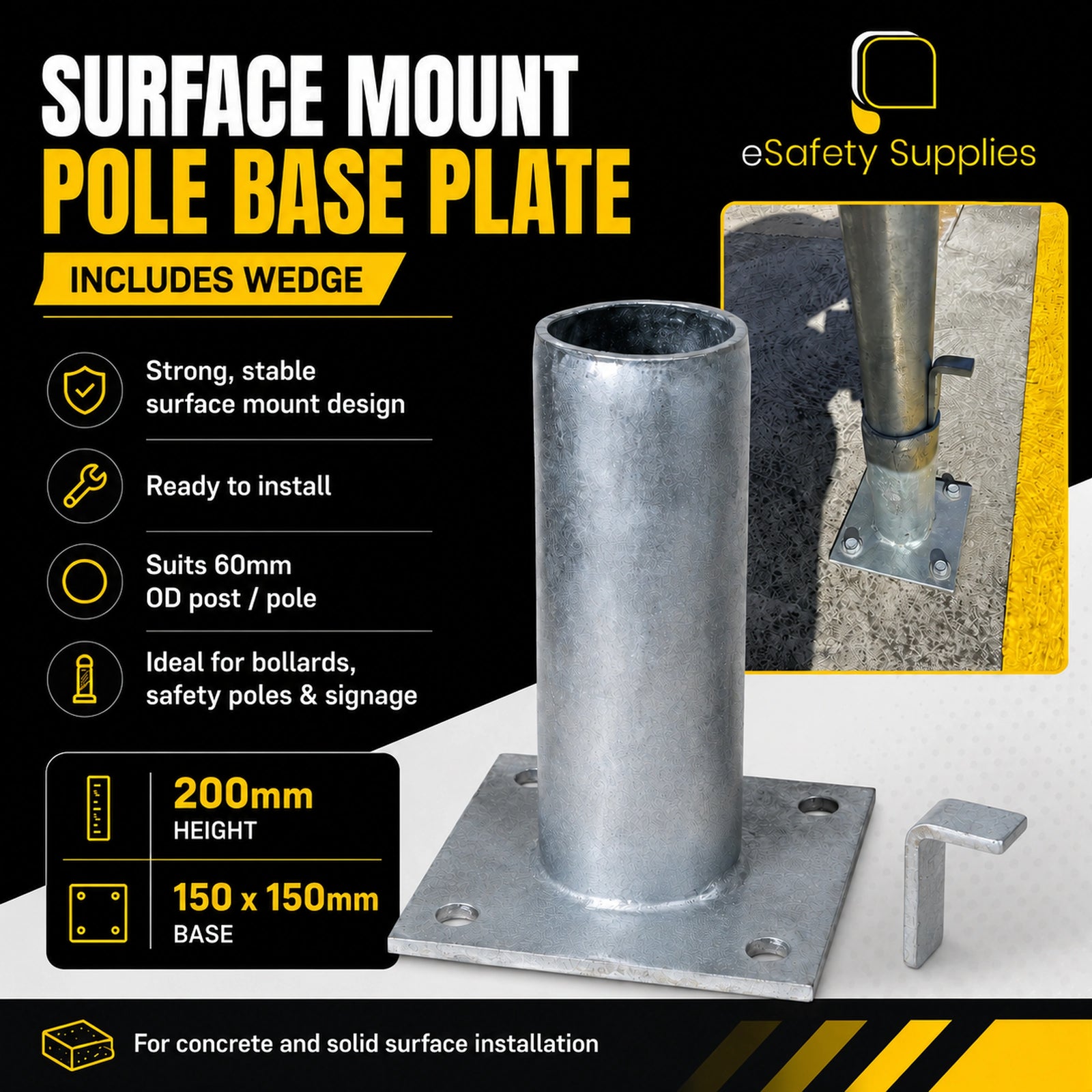 Surface Mount Pole Base Plate Incl. Wedge