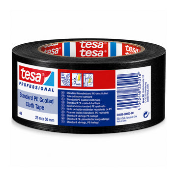 A roll of 48mm x 25m tesa® 4688 PE-coated cloth tape with high-tack natural rubber adhesive for industrial masking and repairs.