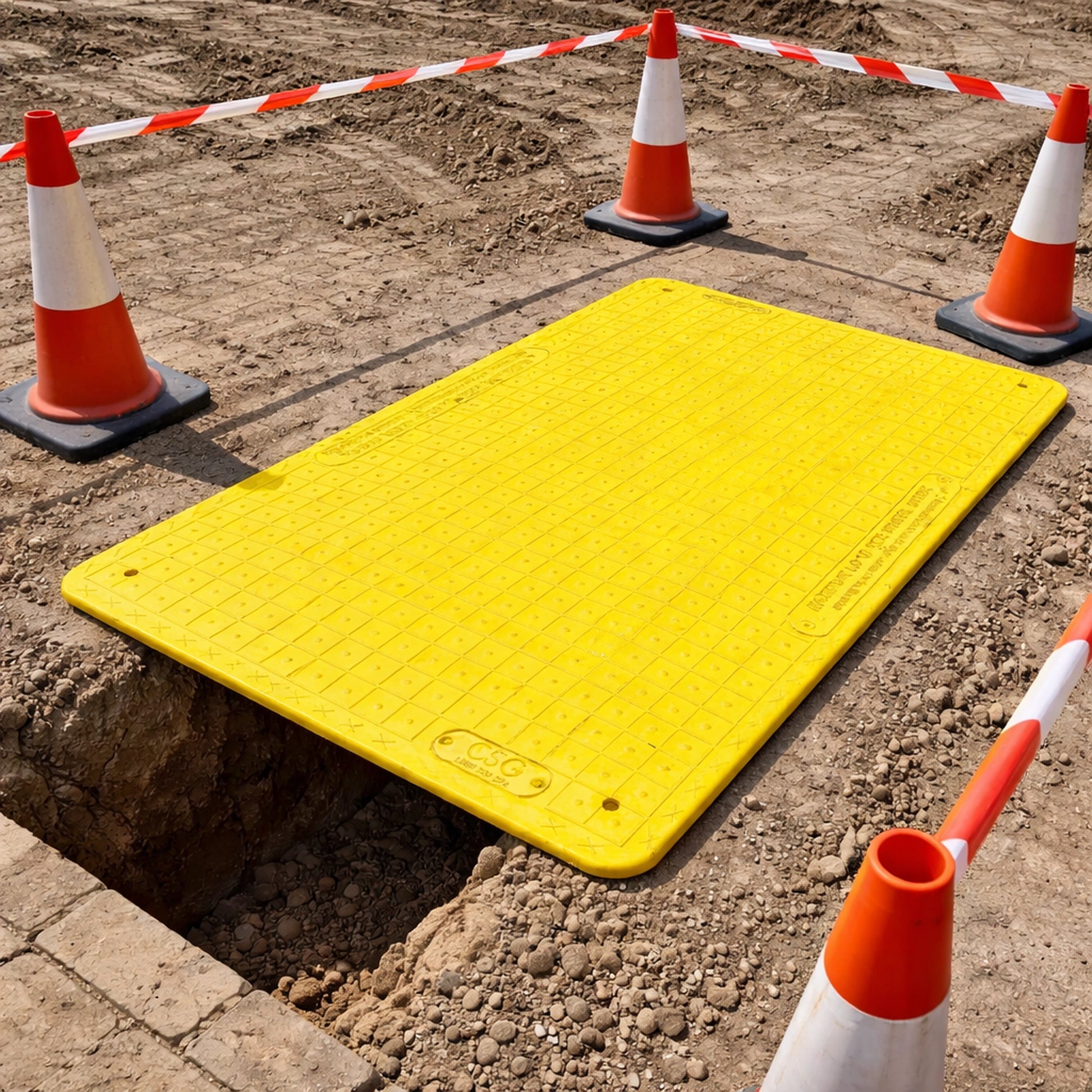 Yellow manhole cover on a construction site with traffic cones and barriers.