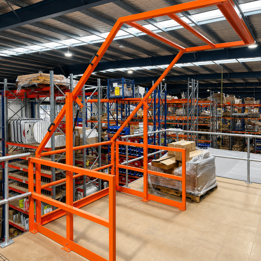 Orange mezzanine up and over safety gate installed on warehouse mezzanine floor