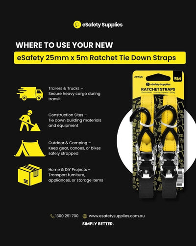 eSafety 25mm x 5m Ratchet Tie Down Straps - 2 Pack - Lifting Equipment