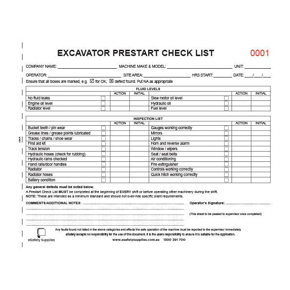 Excavator Prestart Checklist Books