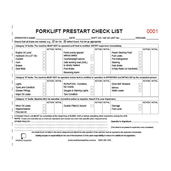 Forklift Prestart Checklist Books