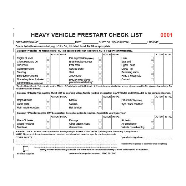 Heavy Vehicle Prestart Checklist Books