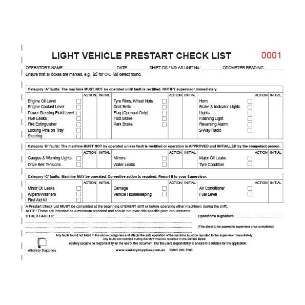 11805_TUFFA_Esafety Light Vehicle Presatrt Checklist form