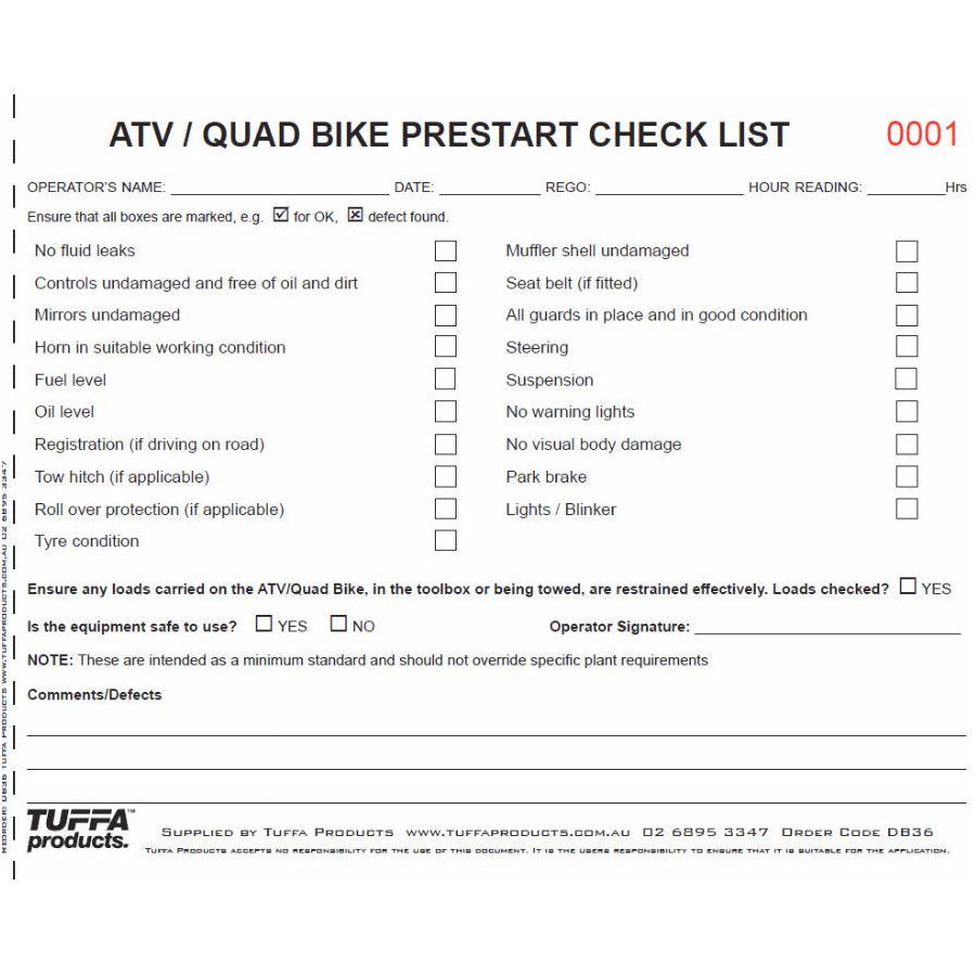 ATV / Quad Bike Prestart Checklist Books 2.1 kg