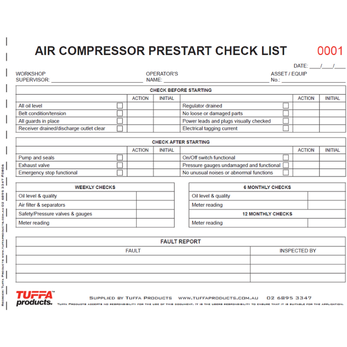 Air Compressor Prestart Checklist Books 2.1 kg