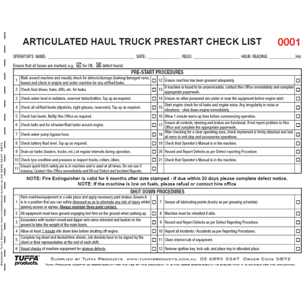 Articulated Haul Truck Prestart Books 2.1 kg