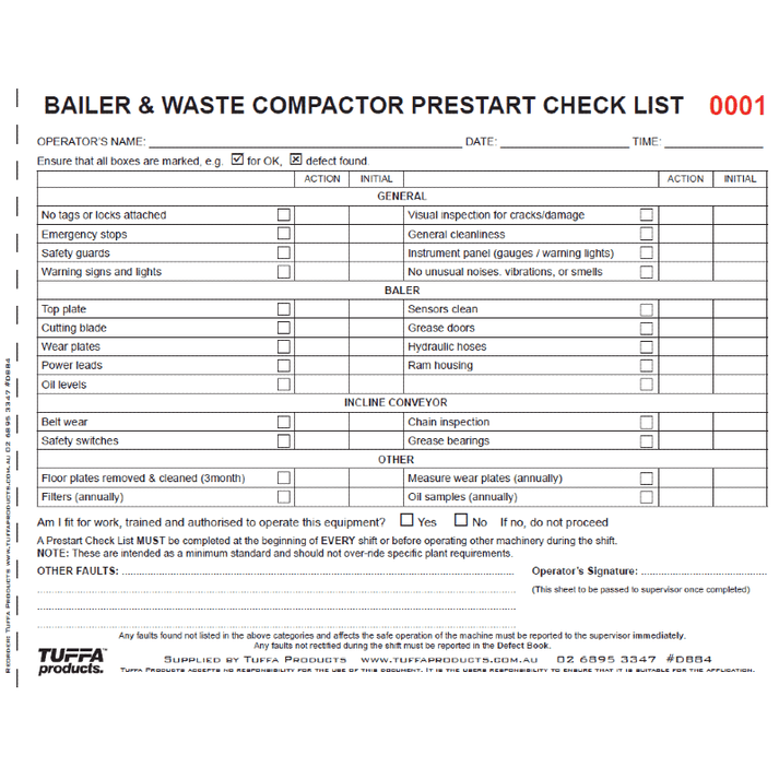 Bailer&Waste Compactor Prestart Checklist - eSafety Supplies
