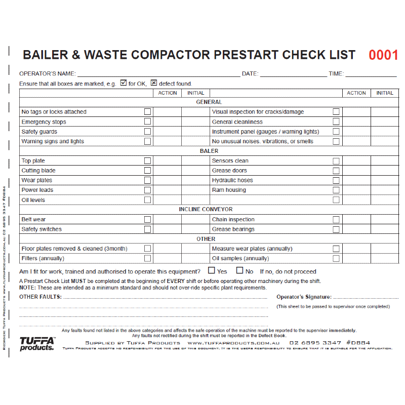 Bailer & Waste Compactor Prestart Checklist 2.1 kg