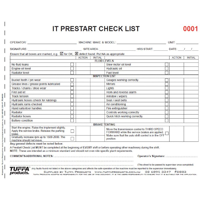 IT Prestart Checklist Books 2.1 kg