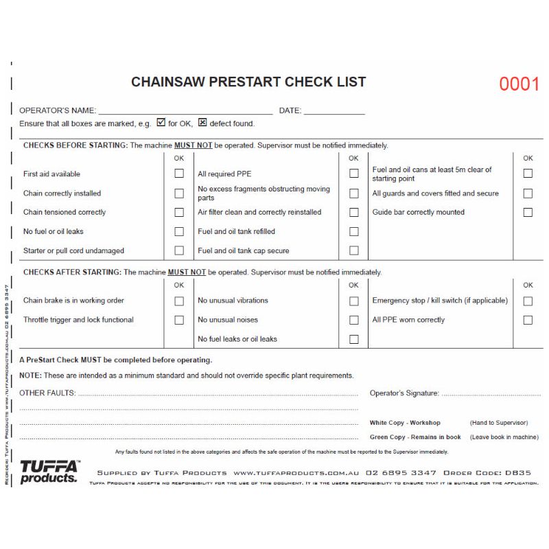 Chainsaw Prestart Checklist Books 2.1 kg