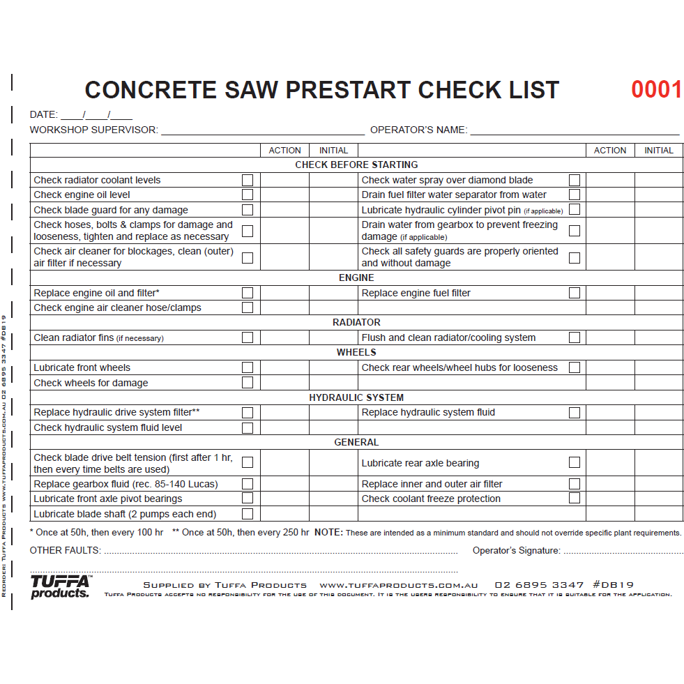 Concrete Saw Prestart Books