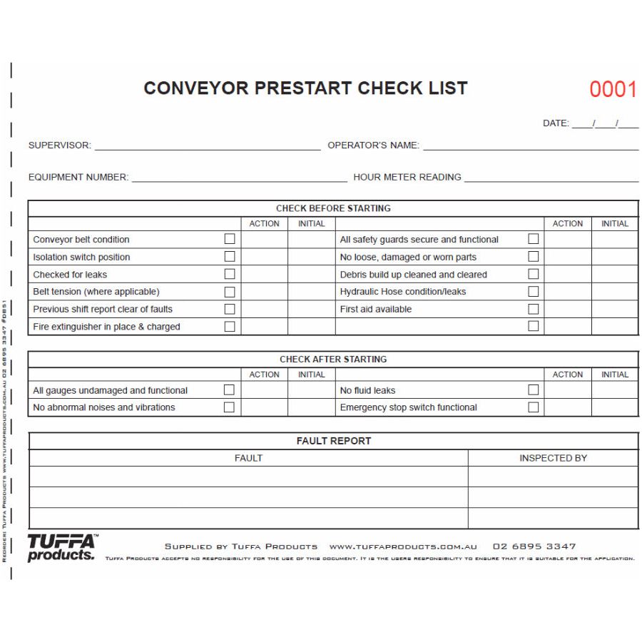 Conveyor Prestart Checklist Books 2.1 kg
